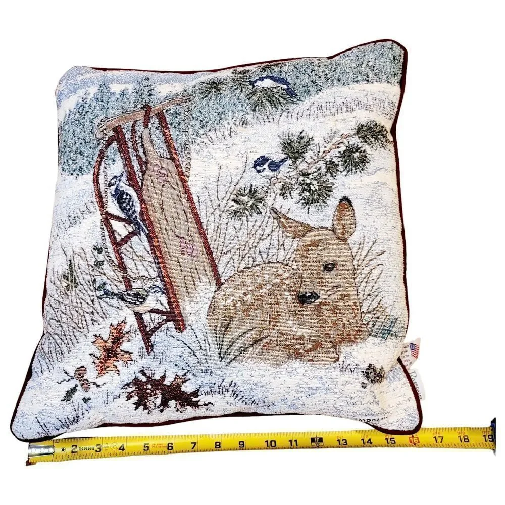 Vtg Riverdale Needlepoin Deer Fawn Sleigh Winter Christmas Throw Pillow Tapestry